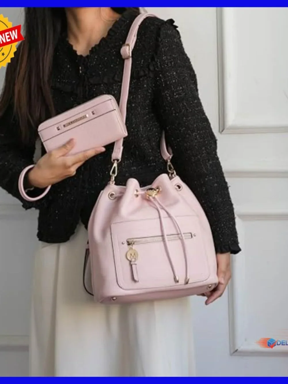 Large Vegan Leather Crossbody Bucket Bag with Drawstring & Wristlet Wallet
